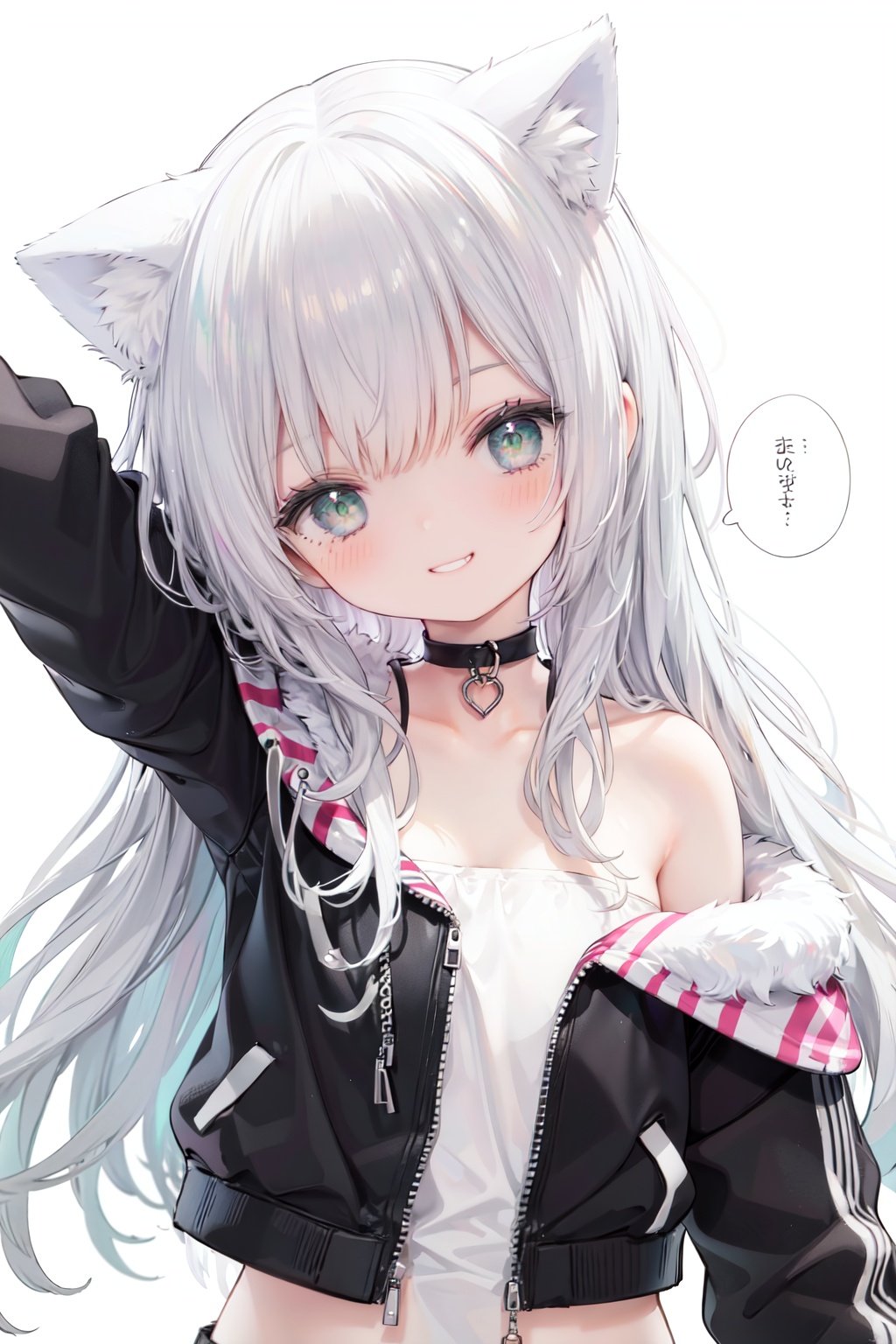 1girl,  solo,  green eyes,  smile,  long hair,  cat ears,  looking at viewer,  animal ears,  white background,  simple background,  bangs,  silver hair,  upper body,  speech bubble,  jacket,  black jacket,  head tilt,  bare shoulders,  eyebrows visible through hair,  off shoulder,  half-closed eyes,  grin,  arm up,  collarbonereflection light