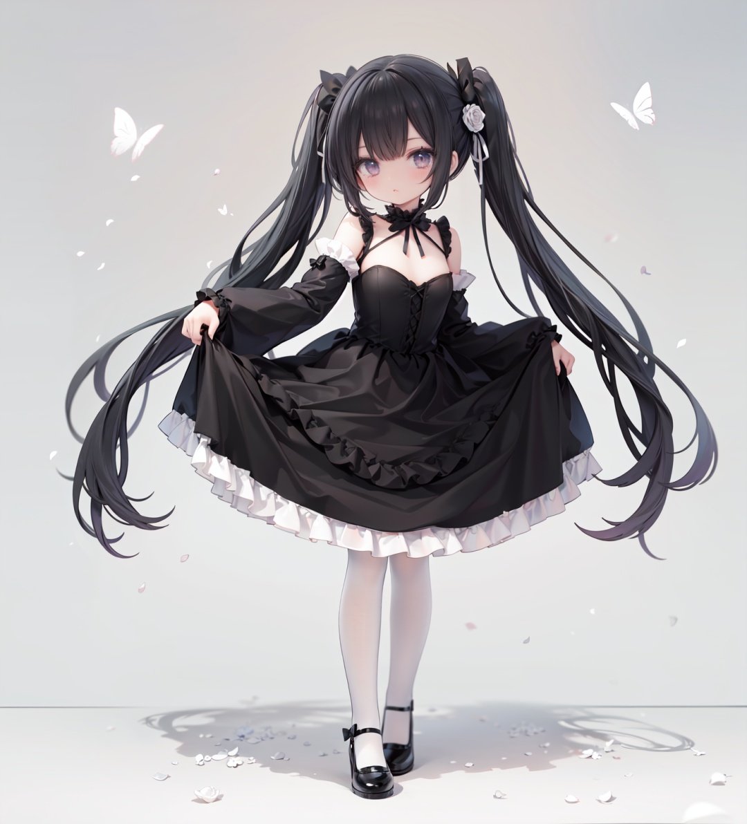 masterpiece, ((best quality)),  dynamic angle, chromatic aberration, ((colorful)),1girl, solo, black hair, long hair, dress, butterfly, bug, twintails, black footwear, lolita fashion, very long hair, pantyhose, black dress, long sleeves, bow, full body, bangs, flower, puffy sleeves, standing on one leg, shoes, white pantyhose, hair bow, looking at viewer, grey eyes, frills, standing, gothic lolita, blush, juliet sleeves, black bow, frilled dress, white flower, rose, closed mouth, skirt hold, petals, wide sleeves, mary janes, white rose