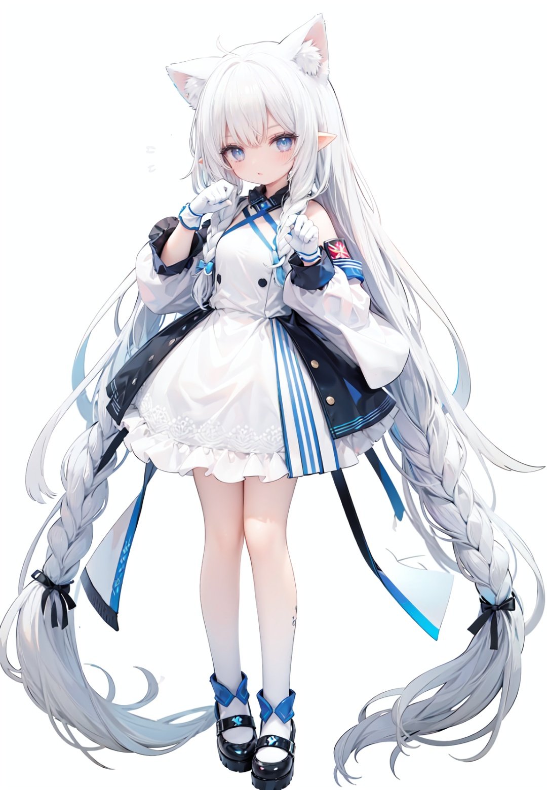 1girl, white_gloves, braid, full_body, gloves, long_hair, official_alternate_costume, pointy_ears, simple_background, solo, standing, very_long_hair, white_background,white hair,blue eyes,paw claw pose, open_mouth,