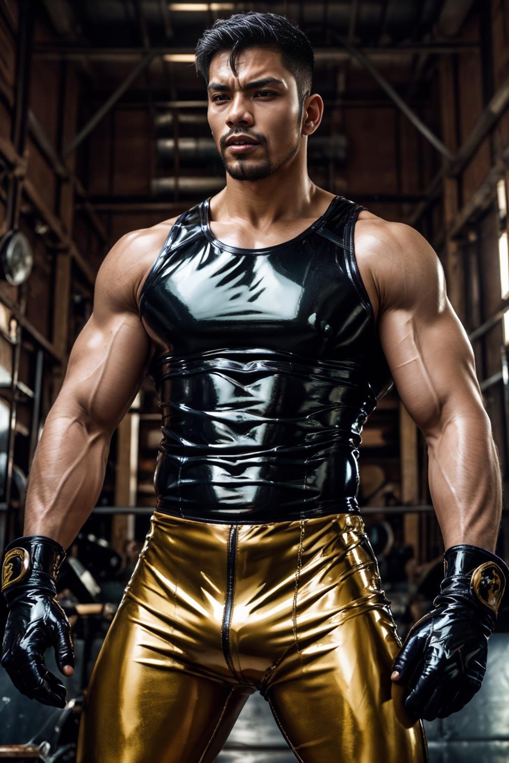 realistic, masterpiece, intricate details, detailed background, depth of field, muscular, photo of a handsome (malay man), l4tex4rmor, wearing latex tank top, shiny latex, fighting stance, dynamic pose, workshop,