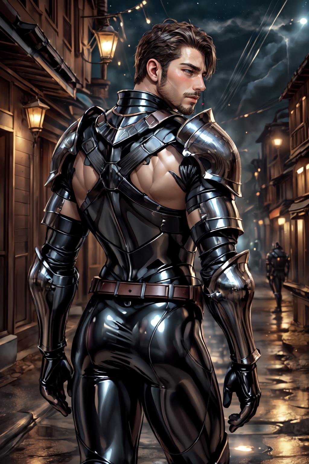 <lora:Clothing - Latex Armor:.5>, ((L4TEX4RMOR, SHINY LATEX, latex warrior armor))(homoerotic), masterpiece, highly detailed face and skin, hyperrealistic, male only, bara, mature, stubble, muscular male, handsome, male focus, spot lights, volumetric lighting, dramatic lighting, bokeh,  (close-up shot), ((cinematic lighting, realistic, detailed background, clear texture, best background, depth of field,light particles,(Balance and coordination between all things),real light and shadow, perspective, composition, adventurous, energy, exploration, contrast, experimental, unique <lora:style_adddetail:.7><lora:style_breakrealize:.5>,from back and from above, lying, (detailed background, cinematic, detailed, atmospheric, epic, concept art, masterpiece, best quality, 8k, ultrarealsitc), realistic,