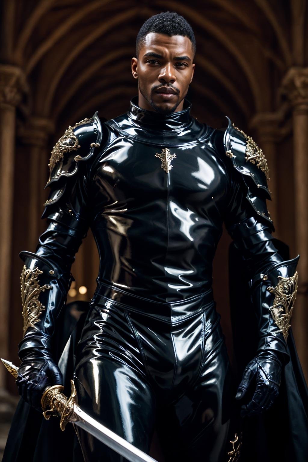 realistic, masterpiece, intricate details, detailed background, depth of field, muscular, photo of a handsome (african man), l4tex4rmor, wearing latex knight armor, holding sword, shiny latex,