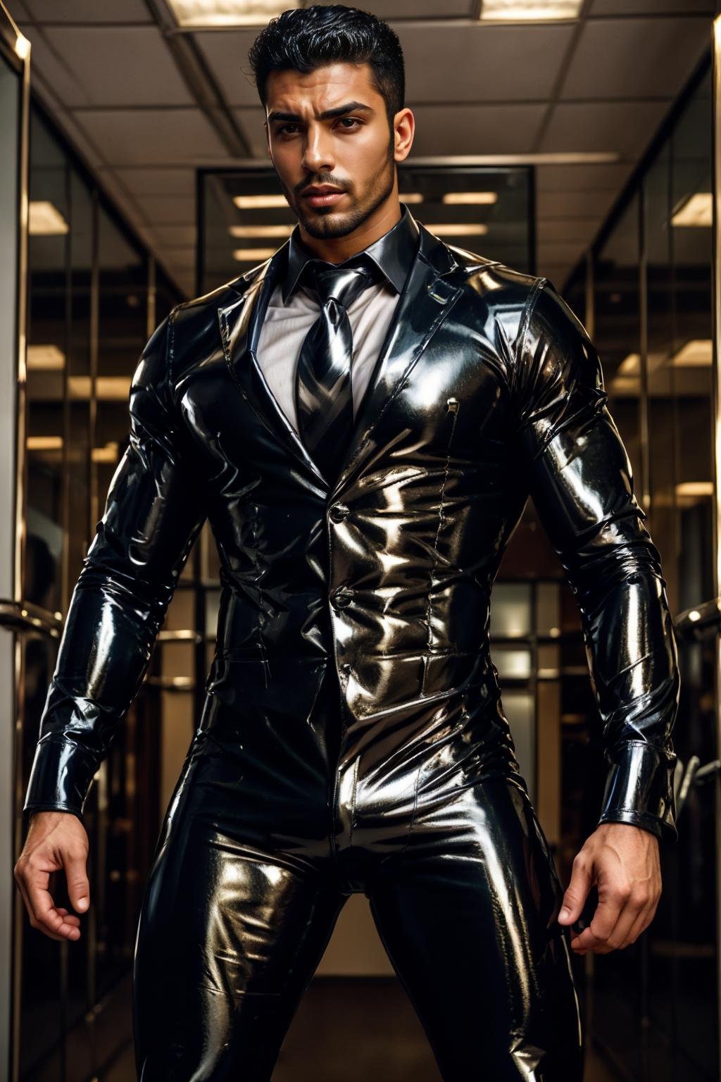 realistic, masterpiece, intricate details, detailed background, depth of field, muscular, photo of a handsome (egyptian man), l4tex4rmor, wearing latex business suit, shiny latex, fighting stance, dynamic pose, futuristic office, shirt, pants, necktie,