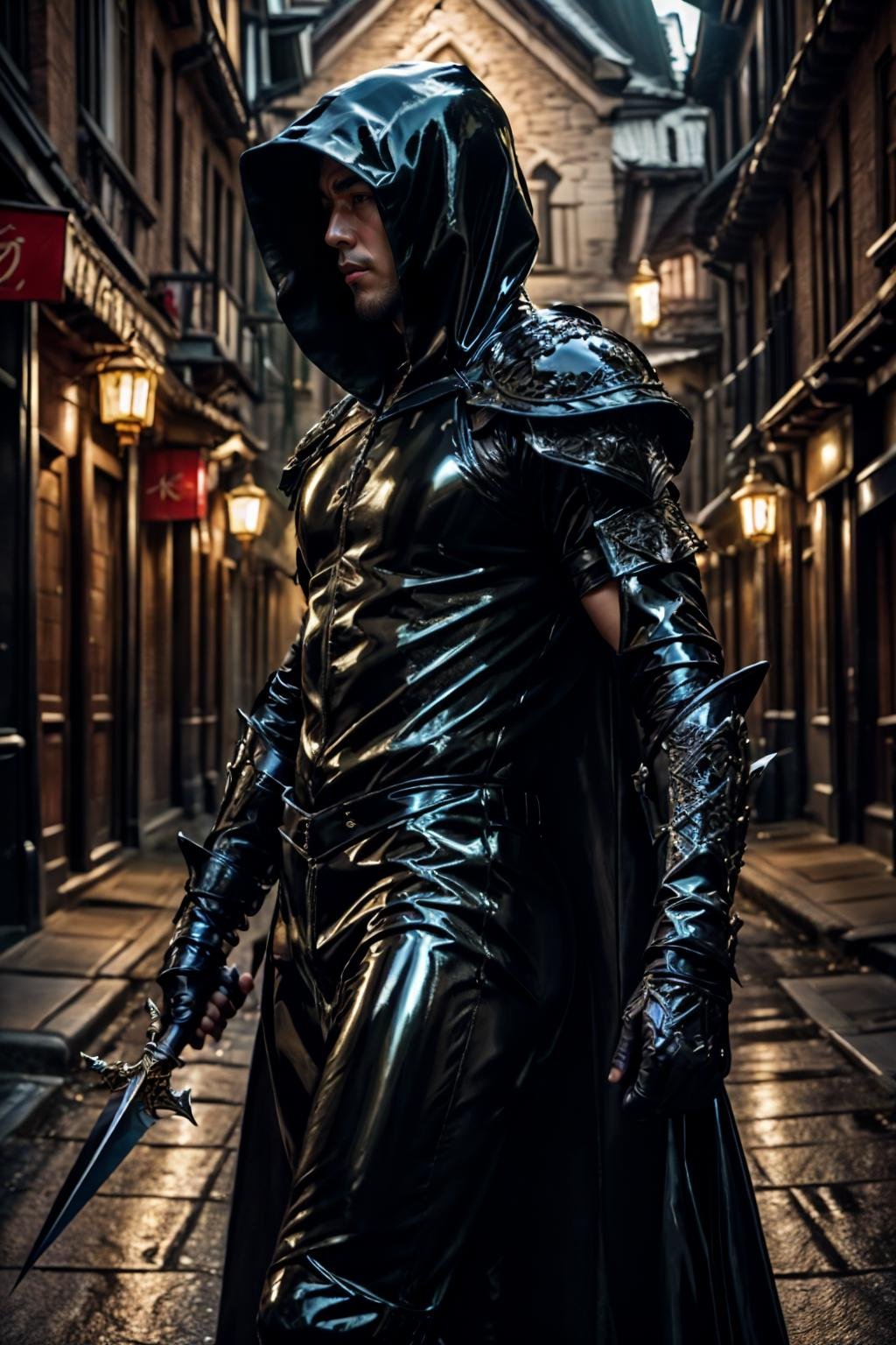 realistic, masterpiece, intricate details, detailed background, depth of field, muscular, photo of a handsome (asian man), l4tex4rmor, wearing latex rogue armor, shiny latex, fighting stance, dynamic pose, holding dagger, cloak, hood, medieval street, night, side view,