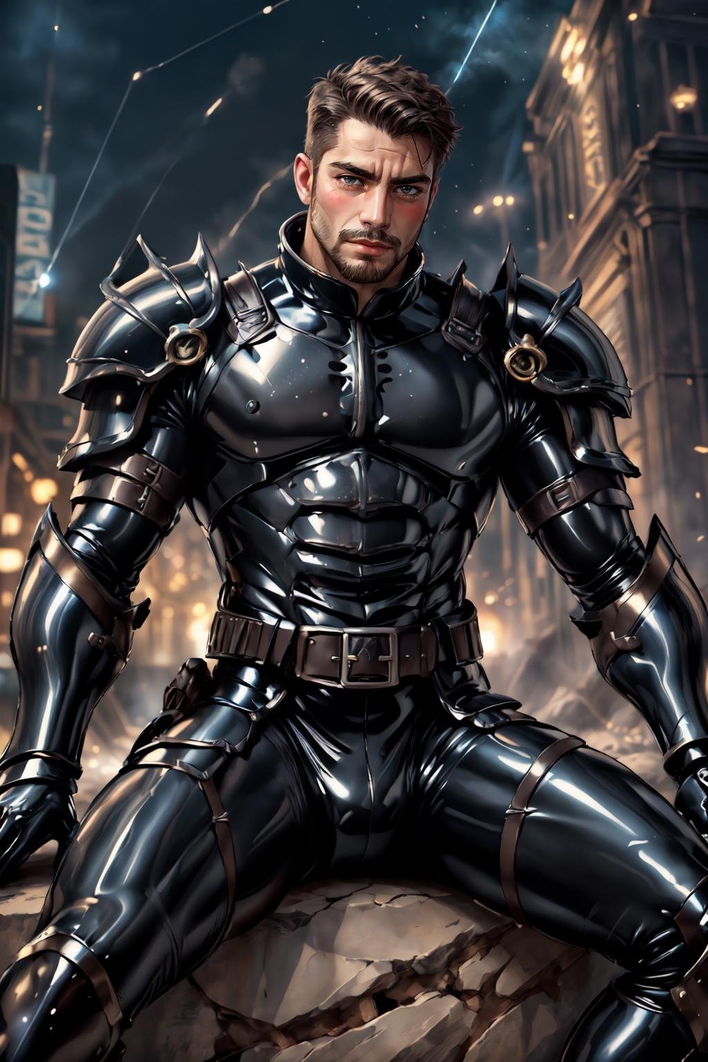 <lora:Clothing - Latex Armor:.5>, ((L4TEX4RMOR, SHINY LATEX, latex warrior armor))(homoerotic), masterpiece, highly detailed face and skin, hyperrealistic, male only, bara, mature, stubble, muscular male, handsome, male focus, spot lights, volumetric lighting, dramatic lighting, bokeh,  (close-up shot), ((cinematic lighting, realistic, detailed background, clear texture, best background, depth of field,light particles,(Balance and coordination between all things),real light and shadow, perspective, composition, adventurous, energy, exploration, contrast, experimental, unique <lora:style_adddetail:.7><lora:style_breakrealize:.5>,from below and pov, sitting, (detailed background, cinematic, detailed, atmospheric, epic, concept art, masterpiece, best quality, 8k, ultrarealsitc), realistic,