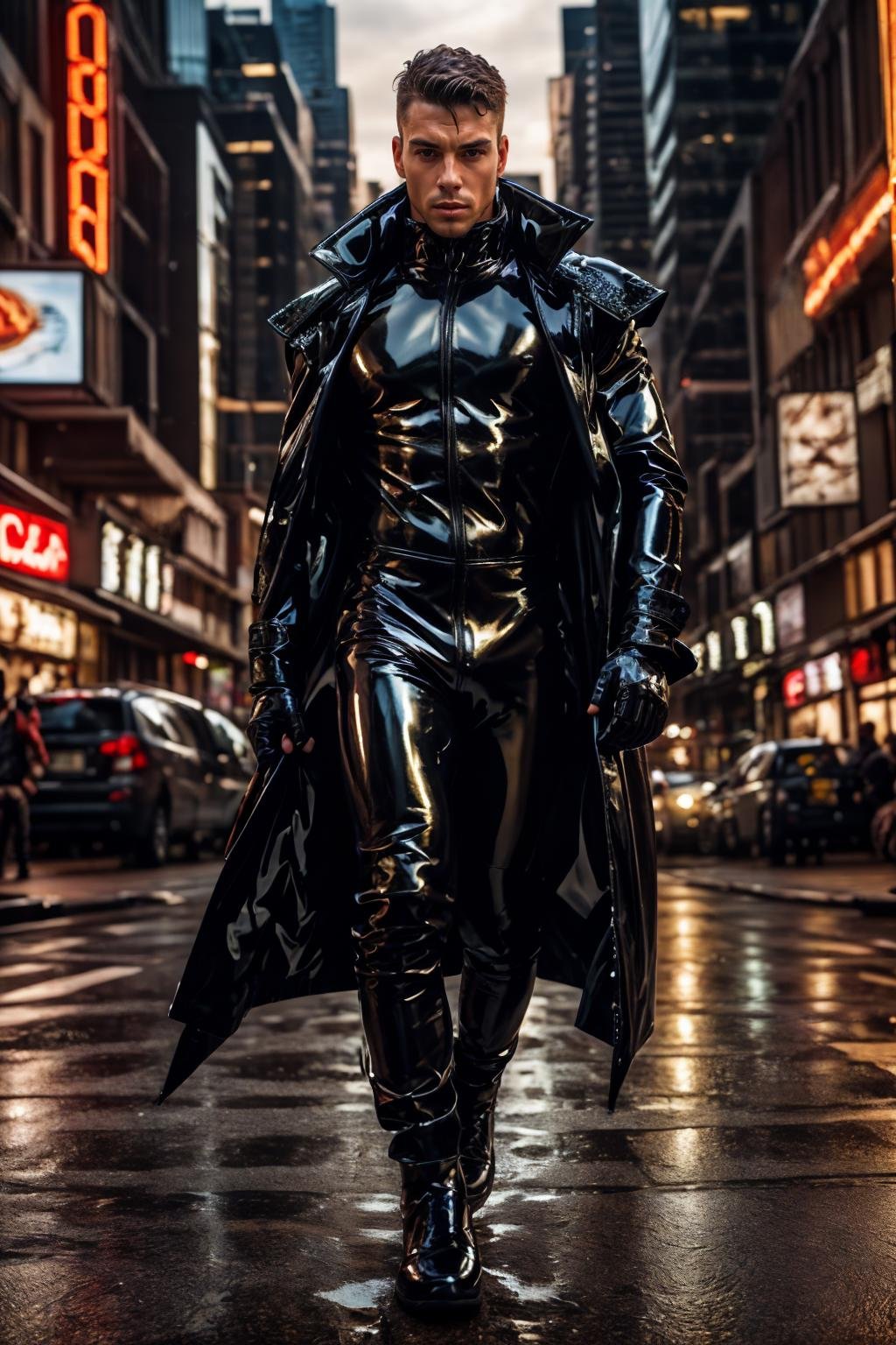 realistic, masterpiece, intricate details, detailed background, depth of field, muscular, photo of a handsome (australian man), l4tex4rmor, wearing latex coat, shiny latex, fighting stance, dynamic pose, futuristic city street, walking,