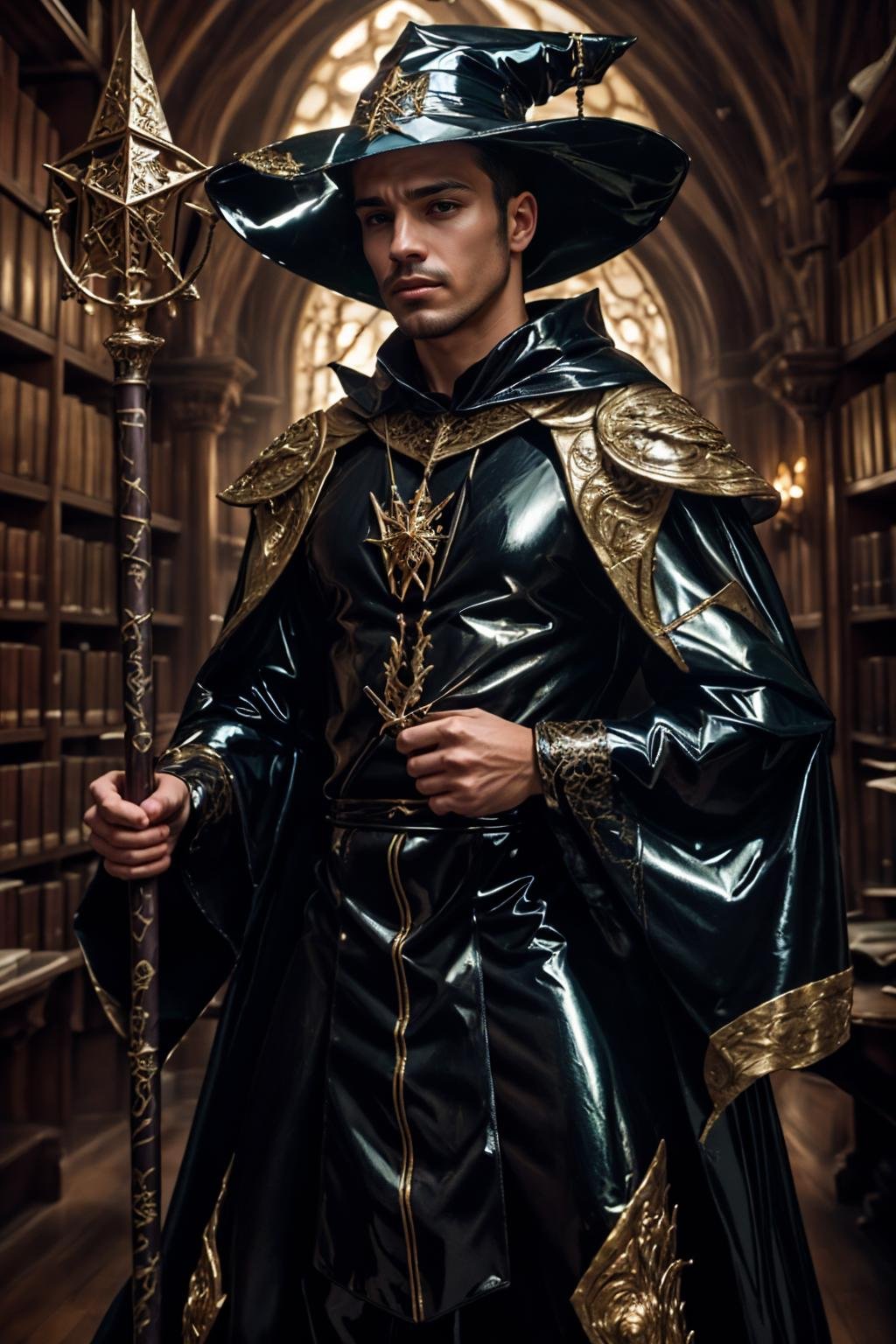 realistic, masterpiece, intricate details, detailed background, depth of field, muscular, photo of a handsome (latino man), l4tex4rmor, wearing latex wizard robe, shiny latex, fighting stance, dynamic pose, holding staff, wizard hat, library,