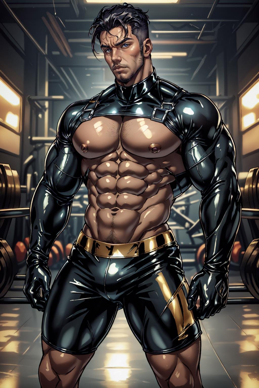 (norwegian man), l4tex4rmor, wearing latex shirt, shiny latex, dynamic pose, shorts, gym,, (best quality), (masterpiece), (highly detailed), cinematic, (detailed background), depth of field, intricate details, 8k, bara, photo of a handsome man,
