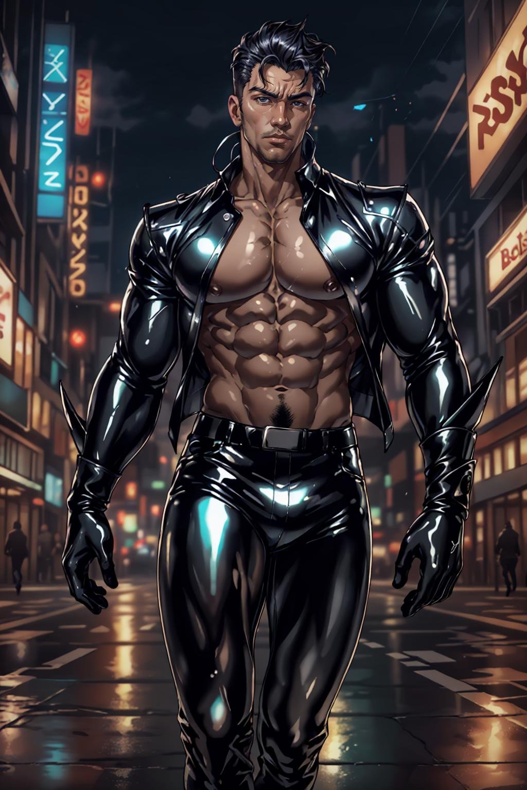 (australian man), l4tex4rmor, wearing latex collared shirt, shiny latex, fighting stance, dynamic pose, futuristic city street, walking, pants, (close up:1.3), portrait, open shirt,, (best quality), (masterpiece), (highly detailed), cinematic, (detailed background), depth of field, intricate details, 8k, bara, photo of a handsome man,