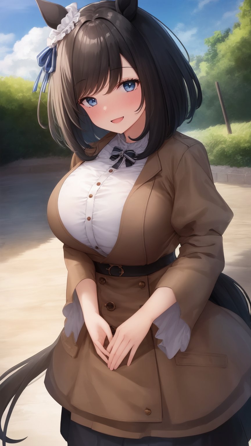 masterpiece, Best Quality, anime colours, Game CG, Official art, High quality, Best Quality, extremely detailed eye, extra detailed body, extremely detailed fingers, Diagonal composition,  standing,  swiwwming pool, bob cut, outdoor,Horse tail, (smile, nose blush), huge breasts, pussy, 1girl, hair ornament, ear ribbon, white scrunchie, wide sleeves, long sleeves, brown jacket, open clothes, open jacket, sash, buttons, black dress,