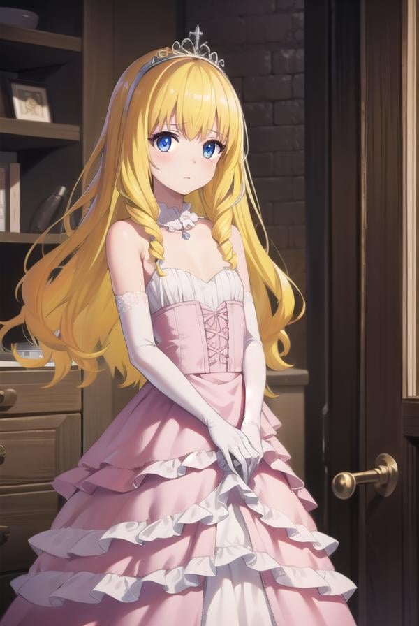 latifafleuranza, <lora:latifafleuranza-lora-nochekaiser:1>,latifa fleuranza, (yellow hair:1.5), blue eyes, long hair, (flat chest:1.2),BREAK diadem, tiara, elbow gloves, gloves, white gloves, dress, frilled dress, long skirt, frilled skirt, corset, (pink dress:1.5),BREAK looking at viewer, full body,BREAK indoors,BREAK <lyco:GoodHands-beta2:1>, (masterpiece:1.2), best quality, high resolution, unity 8k wallpaper, (illustration:0.8), (beautiful detailed eyes:1.6), extremely detailed face, perfect lighting, extremely detailed CG, (perfect hands, perfect anatomy),