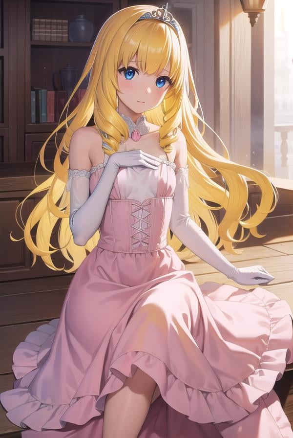 latifafleuranza, <lora:latifafleuranza-lora-nochekaiser:1>,latifa fleuranza, (yellow hair:1.5), blue eyes, long hair, (flat chest:1.2),BREAK diadem, tiara, elbow gloves, gloves, white gloves, dress, frilled dress, long skirt, frilled skirt, corset, (pink dress:1.5),BREAK looking at viewer, full body,BREAK indoors,BREAK <lyco:GoodHands-beta2:1>, (masterpiece:1.2), best quality, high resolution, unity 8k wallpaper, (illustration:0.8), (beautiful detailed eyes:1.6), extremely detailed face, perfect lighting, extremely detailed CG, (perfect hands, perfect anatomy),