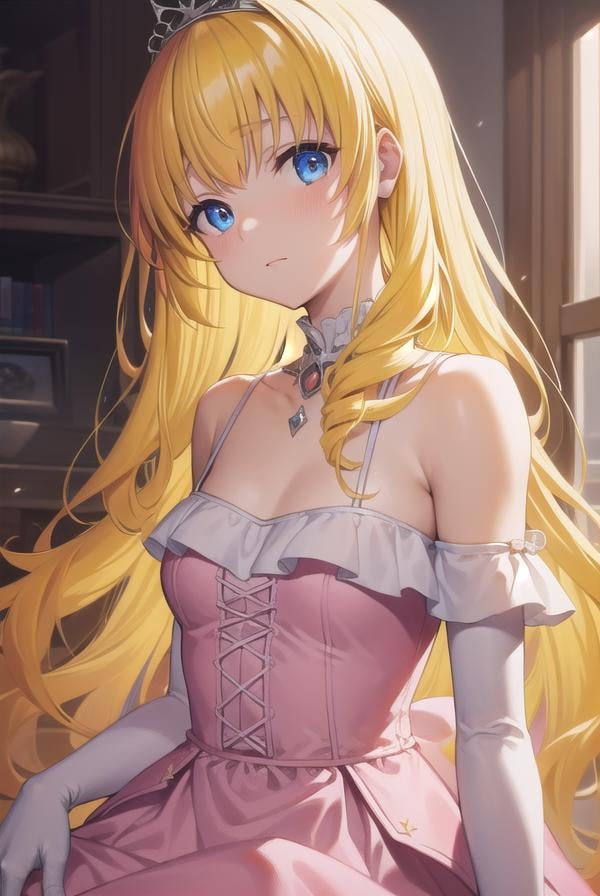 latifafleuranza, <lora:latifafleuranza-lora-nochekaiser:1>,latifa fleuranza, (yellow hair:1.5), blue eyes, long hair, (flat chest:1.2),BREAK diadem, tiara, elbow gloves, gloves, white gloves, dress, frilled dress, long skirt, frilled skirt, corset, (pink dress:1.5),BREAK looking at viewer, full body,BREAK indoors,BREAK <lyco:GoodHands-beta2:1>, (masterpiece:1.2), best quality, high resolution, unity 8k wallpaper, (illustration:0.8), (beautiful detailed eyes:1.6), extremely detailed face, perfect lighting, extremely detailed CG, (perfect hands, perfect anatomy),