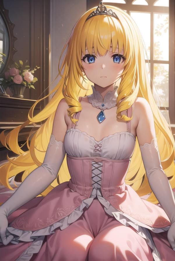 latifafleuranza, <lora:latifafleuranza-lora-nochekaiser:1>,latifa fleuranza, (yellow hair:1.5), blue eyes, long hair, (flat chest:1.2),BREAK diadem, tiara, elbow gloves, gloves, white gloves, dress, frilled dress, long skirt, frilled skirt, corset, (pink dress:1.5),BREAK looking at viewer, full body,BREAK indoors,BREAK <lyco:GoodHands-beta2:1>, (masterpiece:1.2), best quality, high resolution, unity 8k wallpaper, (illustration:0.8), (beautiful detailed eyes:1.6), extremely detailed face, perfect lighting, extremely detailed CG, (perfect hands, perfect anatomy),