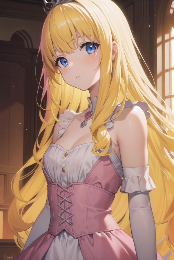 latifafleuranza, <lora:latifafleuranza-lora-nochekaiser:1>,latifa fleuranza, (yellow hair:1.5), blue eyes, long hair, (flat chest:1.2),BREAK diadem, tiara, elbow gloves, gloves, white gloves, dress, frilled dress, long skirt, frilled skirt, corset, (pink dress:1.5),BREAK looking at viewer, full body,BREAK indoors,BREAK <lyco:GoodHands-beta2:1>, (masterpiece:1.2), best quality, high resolution, unity 8k wallpaper, (illustration:0.8), (beautiful detailed eyes:1.6), extremely detailed face, perfect lighting, extremely detailed CG, (perfect hands, perfect anatomy),