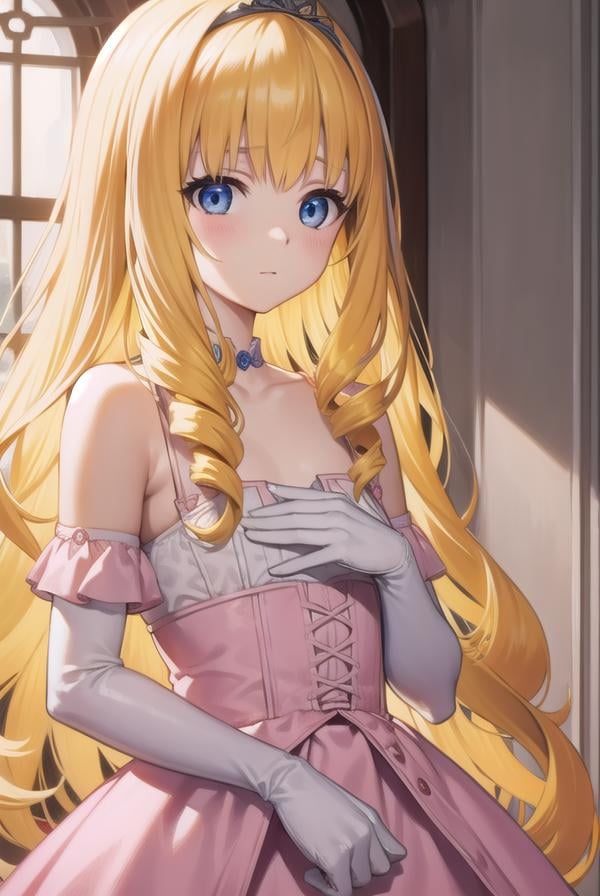 latifafleuranza, <lora:latifafleuranza-lora-nochekaiser:1>,latifa fleuranza, (yellow hair:1.5), blue eyes, long hair, (flat chest:1.2),BREAK diadem, tiara, elbow gloves, gloves, white gloves, dress, frilled dress, long skirt, frilled skirt, corset, (pink dress:1.5),BREAK looking at viewer, full body,BREAK indoors,BREAK <lyco:GoodHands-beta2:1>, (masterpiece:1.2), best quality, high resolution, unity 8k wallpaper, (illustration:0.8), (beautiful detailed eyes:1.6), extremely detailed face, perfect lighting, extremely detailed CG, (perfect hands, perfect anatomy),