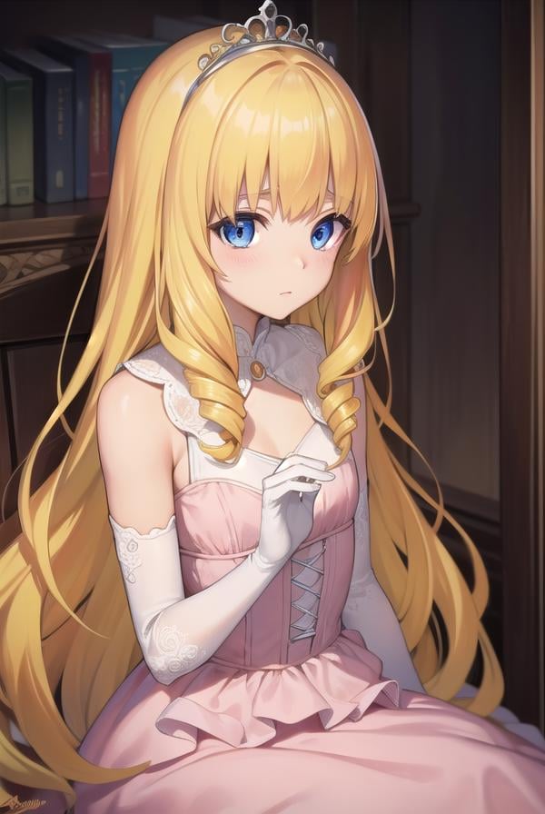 latifafleuranza, <lora:latifafleuranza-lora-nochekaiser:1>,latifa fleuranza, (yellow hair:1.5), blue eyes, long hair, (flat chest:1.2),BREAK diadem, tiara, elbow gloves, gloves, white gloves, dress, frilled dress, long skirt, frilled skirt, corset, (pink dress:1.5),BREAK looking at viewer, full body,BREAK indoors,BREAK <lyco:GoodHands-beta2:1>, (masterpiece:1.2), best quality, high resolution, unity 8k wallpaper, (illustration:0.8), (beautiful detailed eyes:1.6), extremely detailed face, perfect lighting, extremely detailed CG, (perfect hands, perfect anatomy),