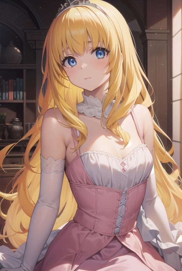 latifafleuranza, <lora:latifafleuranza-lora-nochekaiser:1>,latifa fleuranza, (yellow hair:1.5), blue eyes, long hair, (flat chest:1.2),BREAK diadem, tiara, elbow gloves, gloves, white gloves, dress, frilled dress, long skirt, frilled skirt, corset, (pink dress:1.5),BREAK looking at viewer, full body,BREAK indoors,BREAK <lyco:GoodHands-beta2:1>, (masterpiece:1.2), best quality, high resolution, unity 8k wallpaper, (illustration:0.8), (beautiful detailed eyes:1.6), extremely detailed face, perfect lighting, extremely detailed CG, (perfect hands, perfect anatomy),