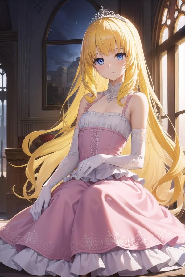 latifafleuranza, <lora:latifafleuranza-lora-nochekaiser:1>,latifa fleuranza, (yellow hair:1.5), blue eyes, long hair, (flat chest:1.2),BREAK diadem, tiara, elbow gloves, gloves, white gloves, dress, frilled dress, long skirt, frilled skirt, corset, (pink dress:1.5),BREAK looking at viewer, full body,BREAK indoors,BREAK <lyco:GoodHands-beta2:1>, (masterpiece:1.2), best quality, high resolution, unity 8k wallpaper, (illustration:0.8), (beautiful detailed eyes:1.6), extremely detailed face, perfect lighting, extremely detailed CG, (perfect hands, perfect anatomy),