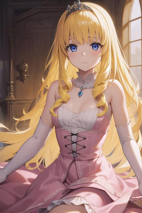 latifafleuranza, <lora:latifafleuranza-lora-nochekaiser:1>,latifa fleuranza, (yellow hair:1.5), blue eyes, long hair, (flat chest:1.2),BREAK diadem, tiara, elbow gloves, gloves, white gloves, dress, frilled dress, long skirt, frilled skirt, corset, (pink dress:1.5),BREAK looking at viewer, full body,BREAK indoors,BREAK <lyco:GoodHands-beta2:1>, (masterpiece:1.2), best quality, high resolution, unity 8k wallpaper, (illustration:0.8), (beautiful detailed eyes:1.6), extremely detailed face, perfect lighting, extremely detailed CG, (perfect hands, perfect anatomy),