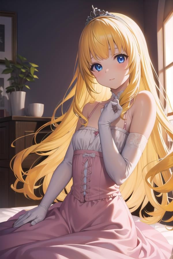 latifafleuranza, <lora:latifafleuranza-lora-nochekaiser:1>,latifa fleuranza, (yellow hair:1.5), blue eyes, long hair, (flat chest:1.2),BREAK diadem, tiara, elbow gloves, gloves, white gloves, dress, frilled dress, long skirt, frilled skirt, corset, (pink dress:1.5),BREAK looking at viewer, full body,BREAK indoors,BREAK <lyco:GoodHands-beta2:1>, (masterpiece:1.2), best quality, high resolution, unity 8k wallpaper, (illustration:0.8), (beautiful detailed eyes:1.6), extremely detailed face, perfect lighting, extremely detailed CG, (perfect hands, perfect anatomy),