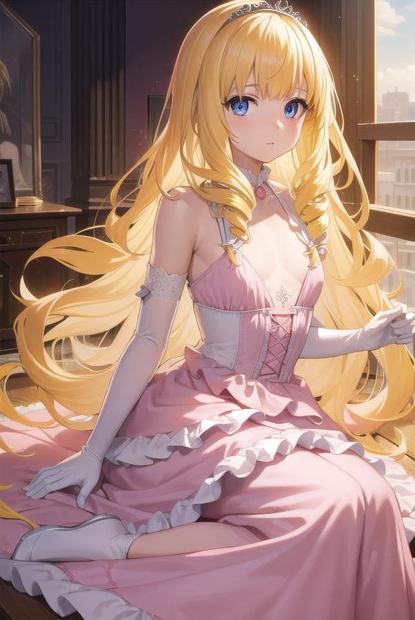 latifafleuranza, <lora:latifafleuranza-lora-nochekaiser:1>,latifa fleuranza, (yellow hair:1.5), blue eyes, long hair, (flat chest:1.2),BREAK diadem, tiara, elbow gloves, gloves, white gloves, dress, frilled dress, long skirt, frilled skirt, corset, (pink dress:1.5),BREAK looking at viewer, full body,BREAK indoors,BREAK <lyco:GoodHands-beta2:1>, (masterpiece:1.2), best quality, high resolution, unity 8k wallpaper, (illustration:0.8), (beautiful detailed eyes:1.6), extremely detailed face, perfect lighting, extremely detailed CG, (perfect hands, perfect anatomy),