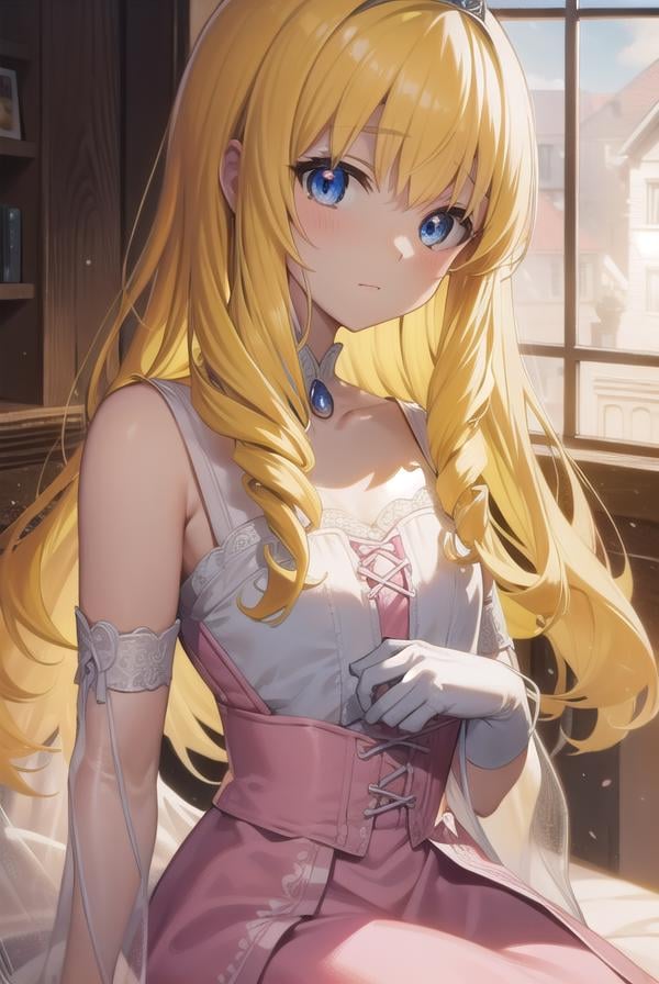 latifafleuranza, <lora:latifafleuranza-lora-nochekaiser:1>,latifa fleuranza, (yellow hair:1.5), blue eyes, long hair, (flat chest:1.2),BREAK diadem, tiara, elbow gloves, gloves, white gloves, dress, frilled dress, long skirt, frilled skirt, corset, (pink dress:1.5),BREAK looking at viewer, full body,BREAK indoors,BREAK <lyco:GoodHands-beta2:1>, (masterpiece:1.2), best quality, high resolution, unity 8k wallpaper, (illustration:0.8), (beautiful detailed eyes:1.6), extremely detailed face, perfect lighting, extremely detailed CG, (perfect hands, perfect anatomy),