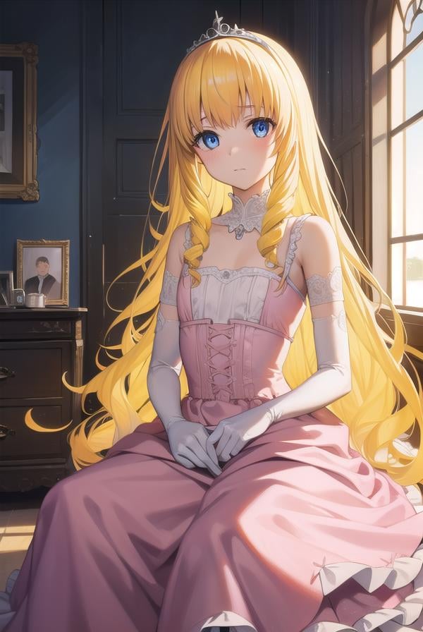 latifafleuranza, <lora:latifafleuranza-lora-nochekaiser:1>,latifa fleuranza, (yellow hair:1.5), blue eyes, long hair, (flat chest:1.2),BREAK diadem, tiara, elbow gloves, gloves, white gloves, dress, frilled dress, long skirt, frilled skirt, corset, (pink dress:1.5),BREAK looking at viewer, full body,BREAK indoors,BREAK <lyco:GoodHands-beta2:1>, (masterpiece:1.2), best quality, high resolution, unity 8k wallpaper, (illustration:0.8), (beautiful detailed eyes:1.6), extremely detailed face, perfect lighting, extremely detailed CG, (perfect hands, perfect anatomy),