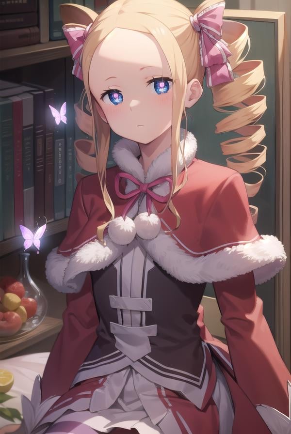 beatrice, <lora:beatrice-lora-nochekaiser:1>,beatrice, blonde hair, blue eyes, (butterfly-shaped pupils:1.5), drill hair, long hair, parted bangs, (forehead:1.5), symbol-shaped pupils, twin drills, sidelocks,BREAK bow, capelet, crown, dress, frilled bow, frills, fur trim, fur-trimmed capelet, long dress, long sleeves, mini crown, pantyhose, red capelet, sleeves past wrists, striped, striped pantyhose,BREAK looking at viewer, full body,BREAK indoors, library,BREAK <lyco:GoodHands-beta2:1>, (masterpiece:1.2), best quality, high resolution, unity 8k wallpaper, (illustration:0.8), (beautiful detailed eyes:1.6), extremely detailed face, perfect lighting, extremely detailed CG, (perfect hands, perfect anatomy),