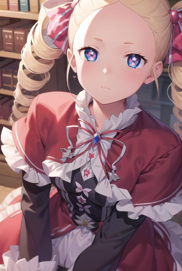 beatrice, <lora:beatrice-lora-nochekaiser:1>,beatrice, blonde hair, blue eyes, (butterfly-shaped pupils:1.5), drill hair, long hair, parted bangs, (forehead:1.5), symbol-shaped pupils, twin drills, sidelocks,BREAK bow, capelet, crown, dress, frilled bow, frills, fur trim, fur-trimmed capelet, long dress, long sleeves, mini crown, pantyhose, red capelet, sleeves past wrists, striped, striped pantyhose,BREAK looking at viewer, full body,BREAK indoors, library,BREAK <lyco:GoodHands-beta2:1>, (masterpiece:1.2), best quality, high resolution, unity 8k wallpaper, (illustration:0.8), (beautiful detailed eyes:1.6), extremely detailed face, perfect lighting, extremely detailed CG, (perfect hands, perfect anatomy),