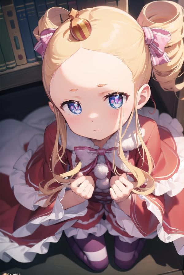 beatrice, <lora:beatrice-lora-nochekaiser:1>,beatrice, blonde hair, blue eyes, (butterfly-shaped pupils:1.5), drill hair, long hair, parted bangs, (forehead:1.5), symbol-shaped pupils, twin drills, sidelocks,BREAK bow, capelet, crown, dress, frilled bow, frills, fur trim, fur-trimmed capelet, long dress, long sleeves, mini crown, pantyhose, red capelet, sleeves past wrists, striped, striped pantyhose,BREAK looking at viewer, full body,BREAK indoors, library,BREAK <lyco:GoodHands-beta2:1>, (masterpiece:1.2), best quality, high resolution, unity 8k wallpaper, (illustration:0.8), (beautiful detailed eyes:1.6), extremely detailed face, perfect lighting, extremely detailed CG, (perfect hands, perfect anatomy),