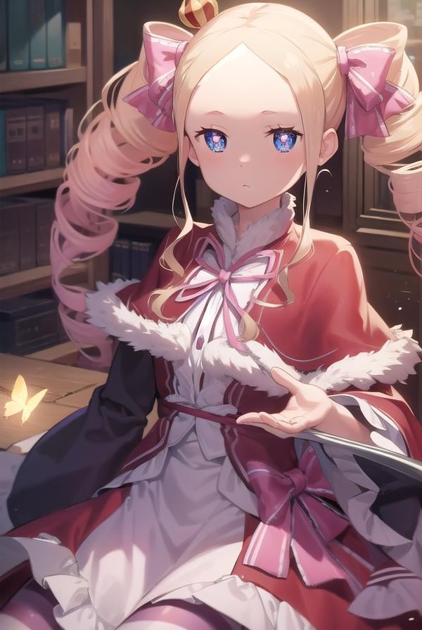 beatrice, <lora:beatrice-lora-nochekaiser:1>,beatrice, blonde hair, blue eyes, (butterfly-shaped pupils:1.5), drill hair, long hair, parted bangs, (forehead:1.5), symbol-shaped pupils, twin drills, sidelocks,BREAK bow, capelet, crown, dress, frilled bow, frills, fur trim, fur-trimmed capelet, long dress, long sleeves, mini crown, pantyhose, red capelet, sleeves past wrists, striped, striped pantyhose,BREAK looking at viewer, full body,BREAK indoors, library,BREAK <lyco:GoodHands-beta2:1>, (masterpiece:1.2), best quality, high resolution, unity 8k wallpaper, (illustration:0.8), (beautiful detailed eyes:1.6), extremely detailed face, perfect lighting, extremely detailed CG, (perfect hands, perfect anatomy),