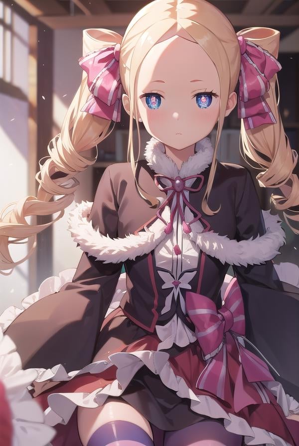 beatrice, <lora:beatrice-lora-nochekaiser:1>,beatrice, blonde hair, blue eyes, (butterfly-shaped pupils:1.5), drill hair, long hair, parted bangs, (forehead:1.5), symbol-shaped pupils, twin drills, sidelocks,BREAK bow, capelet, crown, dress, frilled bow, frills, fur trim, fur-trimmed capelet, long dress, long sleeves, mini crown, pantyhose, red capelet, sleeves past wrists, striped, striped pantyhose,BREAK looking at viewer, full body,BREAK indoors, library,BREAK <lyco:GoodHands-beta2:1>, (masterpiece:1.2), best quality, high resolution, unity 8k wallpaper, (illustration:0.8), (beautiful detailed eyes:1.6), extremely detailed face, perfect lighting, extremely detailed CG, (perfect hands, perfect anatomy),