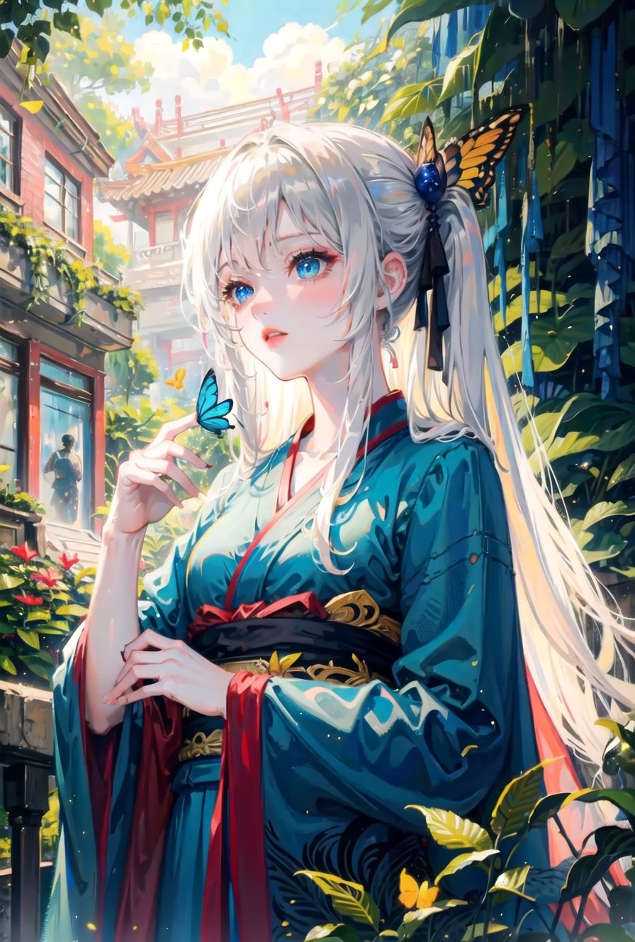 blue ru_qun,best_quality,head,original_outfit,hanfu,clear details,masterpiece, best_quality, clear details,1girl,garden background,, butterfly on finger,blue eyes,white hair,long hair,big eyes<lora:epiNoiseoffset_v2:0.5>  <lora:lightAndShadow_v10:0.5> <lora:elegantHanfuRuqun_v10:0.6> <lora:ancientChineseArchitectural_v10Gugong:0.7>