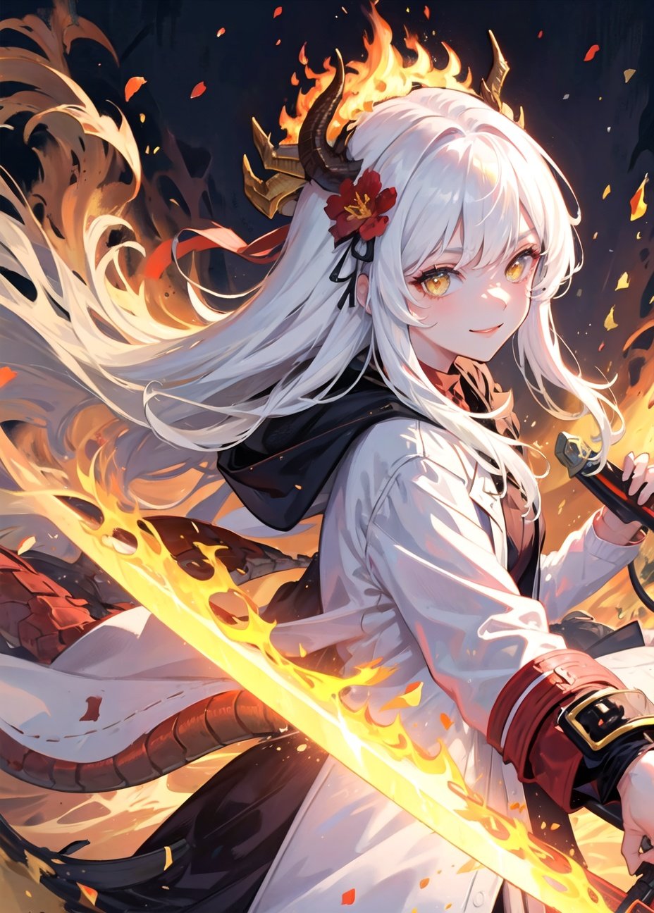 1girl, fire, (((dragon))), smile, flower, coat, weapon, sword, outdoors, beach, holding, flame, solo, bangs, yellow eyes, long hair, hair flower, hair ornament, white hair, looking at viewer, open clothes, long sleeves, white coat, open coat  <lora:beautifulDetailedEyes_v10:0.4> <lora:chilloutmixlong_v10:0.4> <lora:epiNoiseoffset_v2:0.4> <lora:fashionGirl_v45:0.4> <lora:lightAndShadow_v10:0.4>