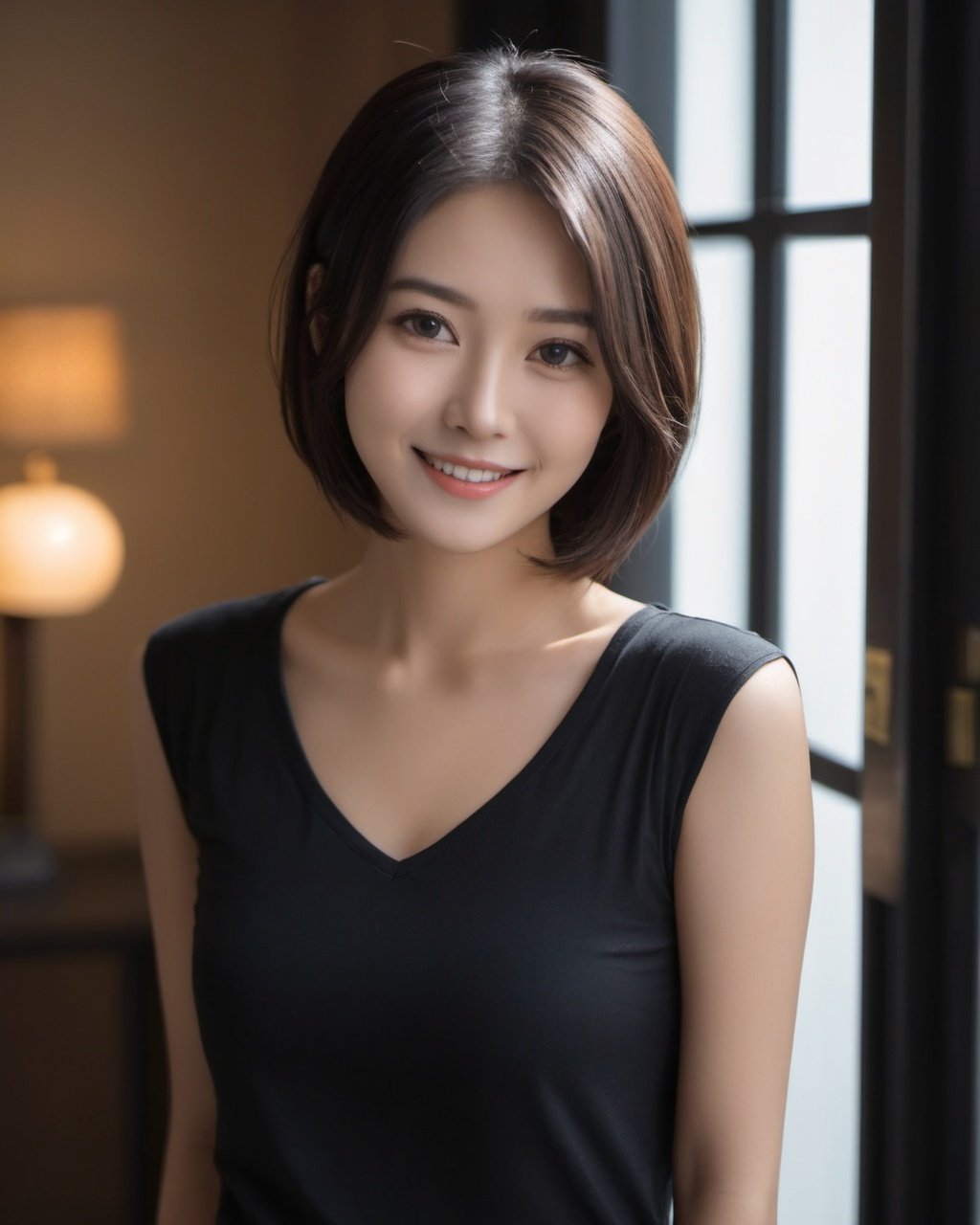 (Asian:0.5),woman,black shirt,cute,short hair,long hair,hyperdetail,Dynamic light,standing, (indirect lighting), Window light,(Natural smile:0.3),looking at viewer, 