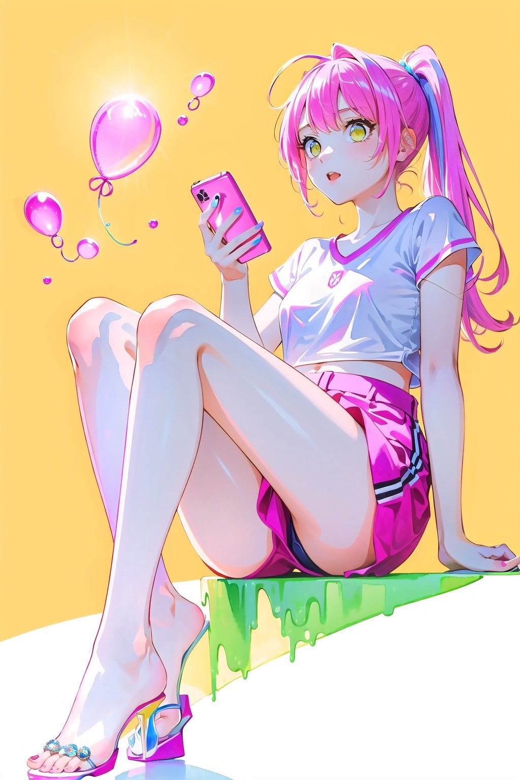 masterpiece,bright ,high quality,1girl,sportswear,yellow background,no shirt,head lift,air bubble,Ultra-Wide Angle,solo, light pink hair, pony_tail,hair_censor, bare_feet, long_legs, (((holding pink smart phone))),watercolor_(medium),watercolor