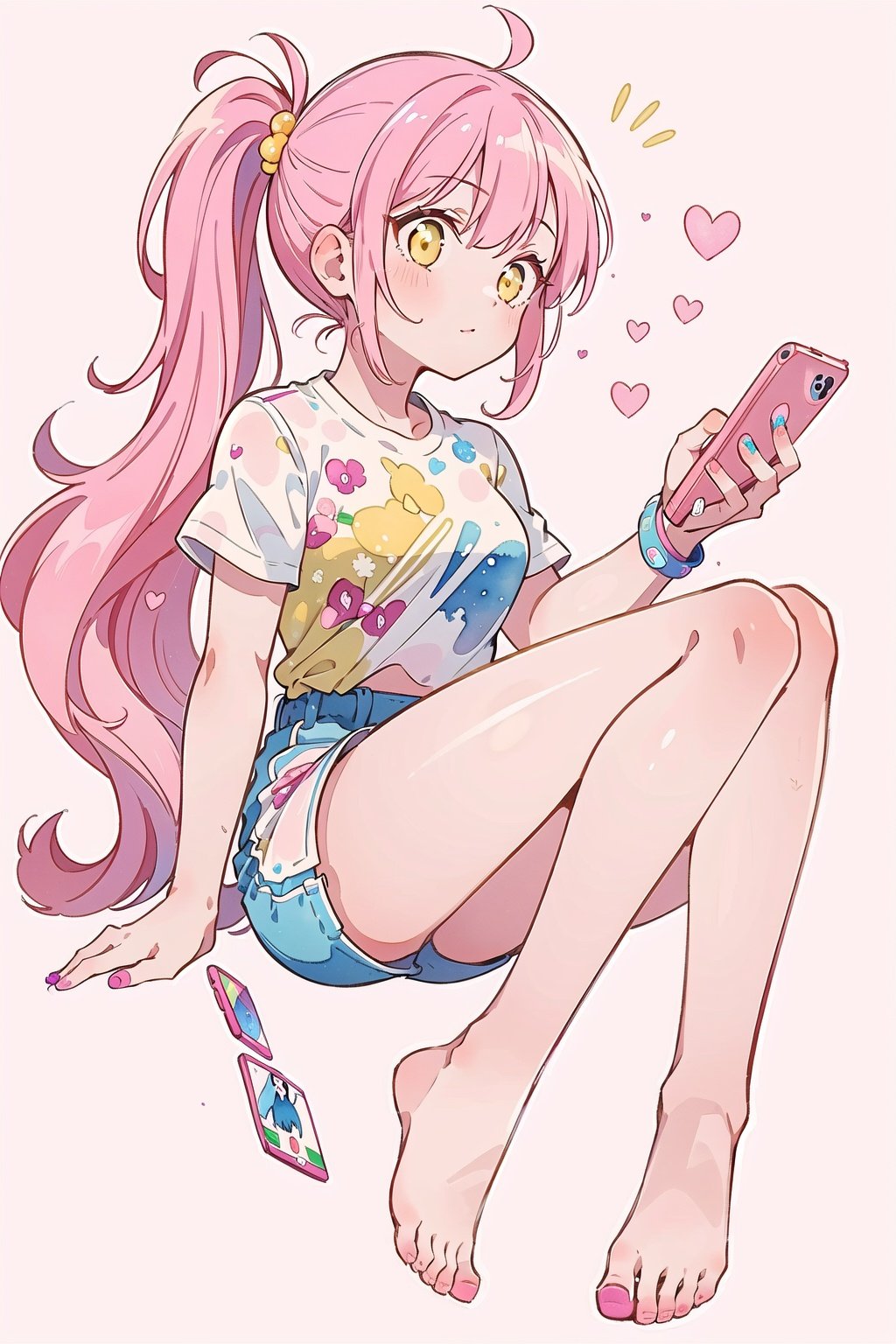 masterpiece,bright ,high quality,1girl,sportswear,yellow background,no shirt,head lift,air bubble,Ultra-Wide Angle,solo, light pink hair, pony_tail,hair_censor, bare_feet, long_legs, (((holding pink smart phone))),watercolor_(medium),watercolor