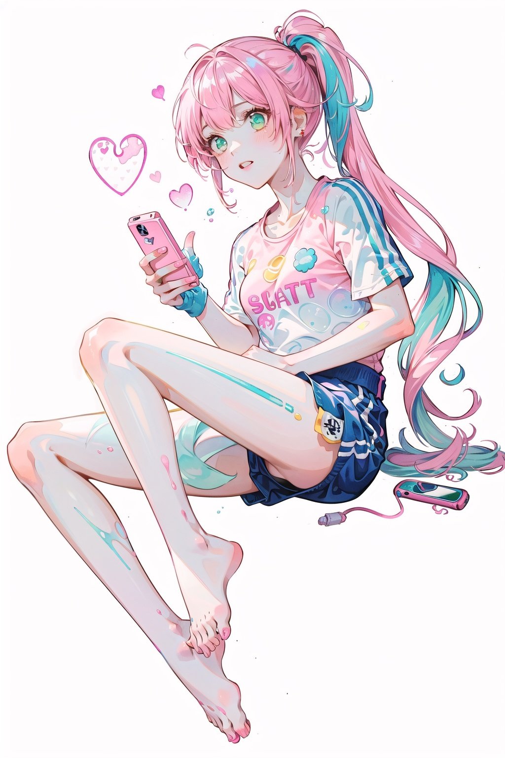 masterpiece,bright ,high quality,1girl,sportswear,yellow background,no shirt,head lift,air bubble,Ultra-Wide Angle,solo, light pink hair, pony_tail,hair_censor, bare_feet, long_legs, (((holding pink smart phone))),watercolor_(medium),watercolor