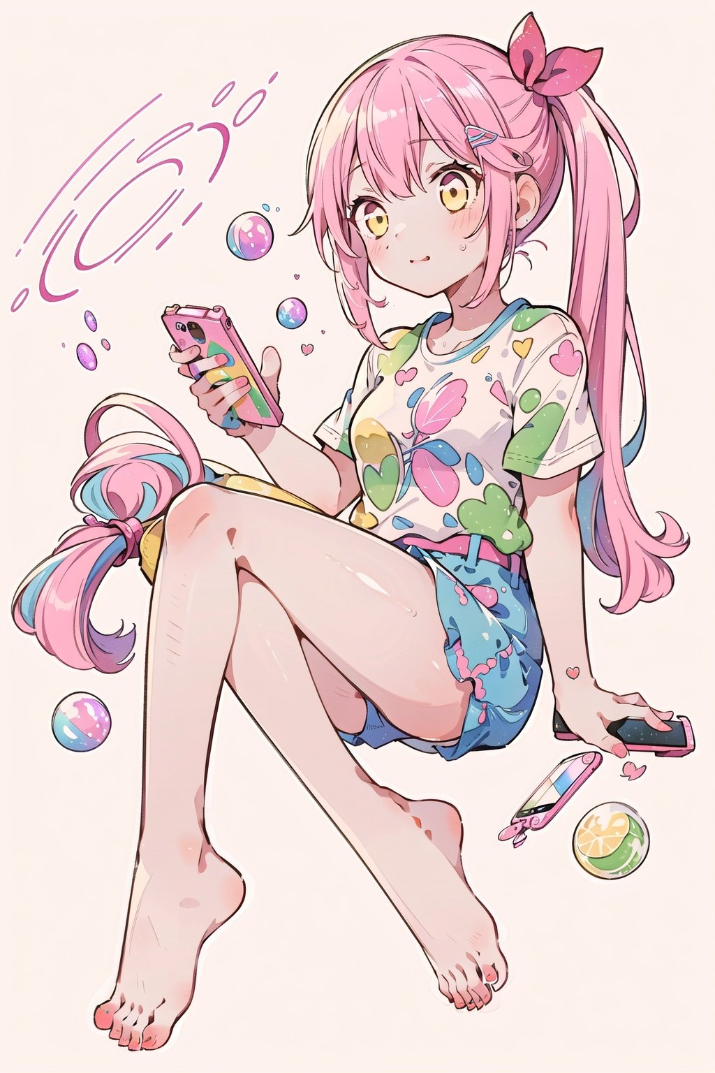 masterpiece,bright ,high quality,1girl,sportswear,yellow background,no shirt,head lift,air bubble,Ultra-Wide Angle,solo, light pink hair, pony_tail,hair_censor, bare_feet, long_legs, (((holding pink smart phone))),watercolor_(medium),watercolor