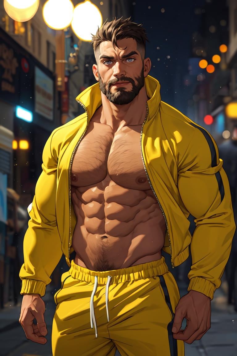 photo of muscular bearded (man) in a worn ((skin-revealing skimpy erotic yellow tracksuit, massive hairy pecs)), big pecs, big arms, large bulge, ((light bokeh)), intricate, elegant, erotic, exuding sexual energy, homoerotic, sharp focus, photo by greg rutkowski, soft lighting, vibrant colors, (masterpiece), ((streets)), (detailed face), looking at viewer, grey eyes