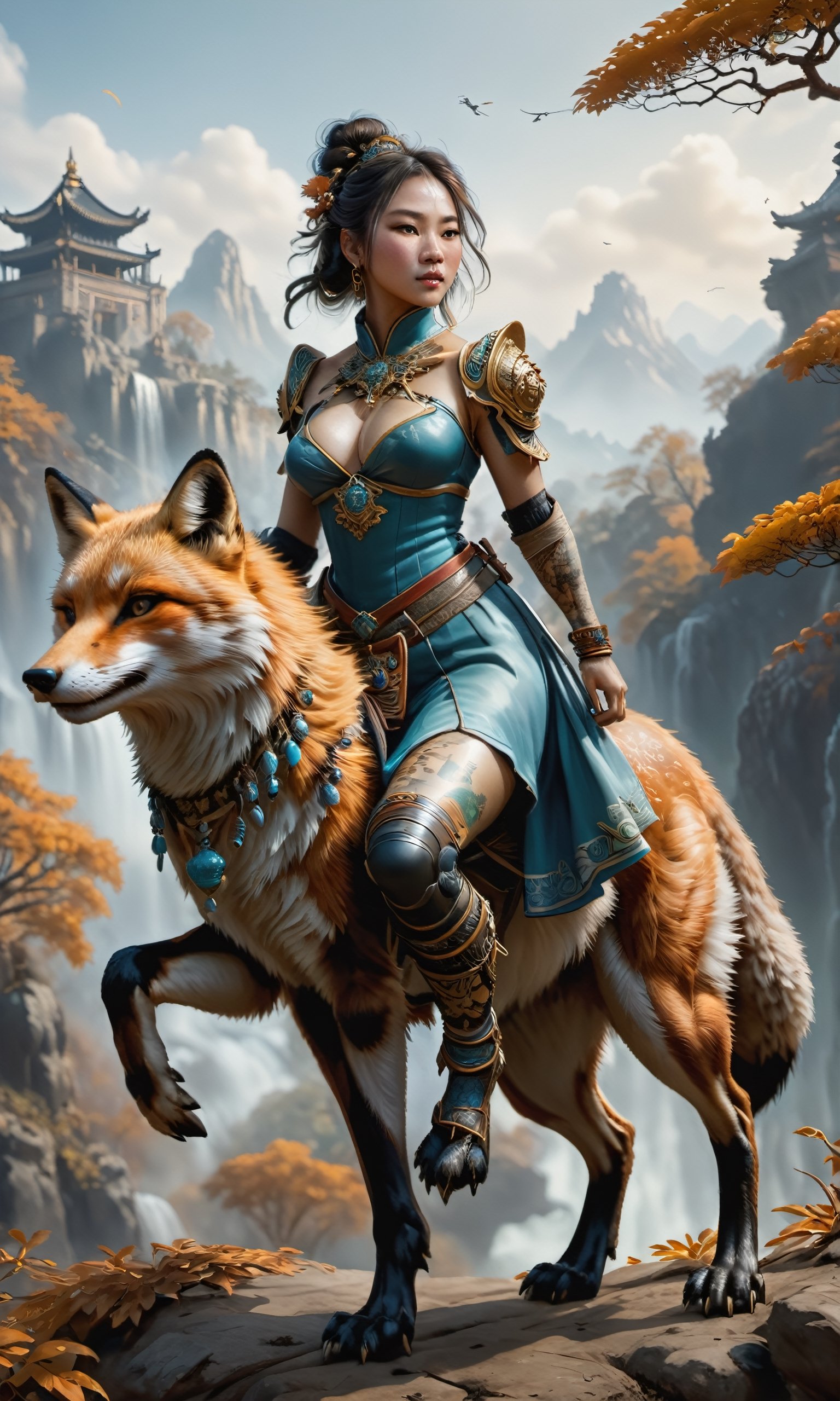 (art by Ary Scheffer:0.8) ,art by Hans Zatzka, Unreal Engine, fall nature, elegant, Fluffy large Girl riding a Fox, Ming Dynasty Tribal Tattoos, horizon-centered, Sketch, Shameless, Unsplash, unreal engine
