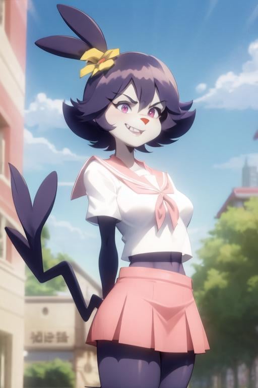 furry female, solo, dot_warner_shoujo, short hair, bangs, flower, hair ornament, purple eyes, animal ears, body fur, tail, school uniform, serafuku, short skirt, pink skirt, smile, looking at viewer, city <lora:dot_warner_shoujo-000004:1>