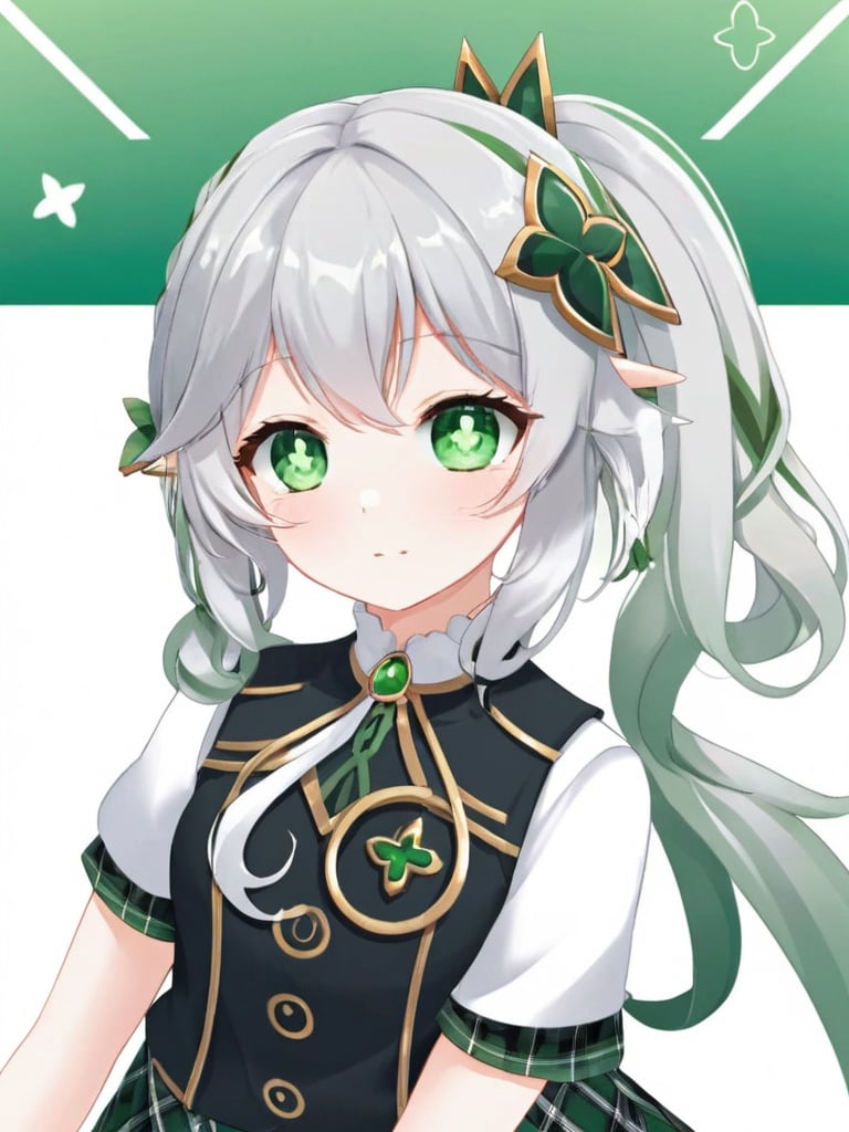 masterpiece, best quality, 1girl, green eyes, pointy ears, school uniform, side ponytail, alternate costume, solo, skirt, bag, necktie, multicolored hair, hair ornament, looking at viewer, blush, plaid skirt, school bag, plaid, symbol-shaped pupils, white hair, short sleeves, green hair, bracelet, shirt, gradient hair, long hair, charm (object), bag charm, cross-shaped pupils, bangs, contemporary, braid, hair between eyes, grey hair, sidelocks, jewelry, pleated skirt, green skirt, white shirt, green necktie, collared shirt, 