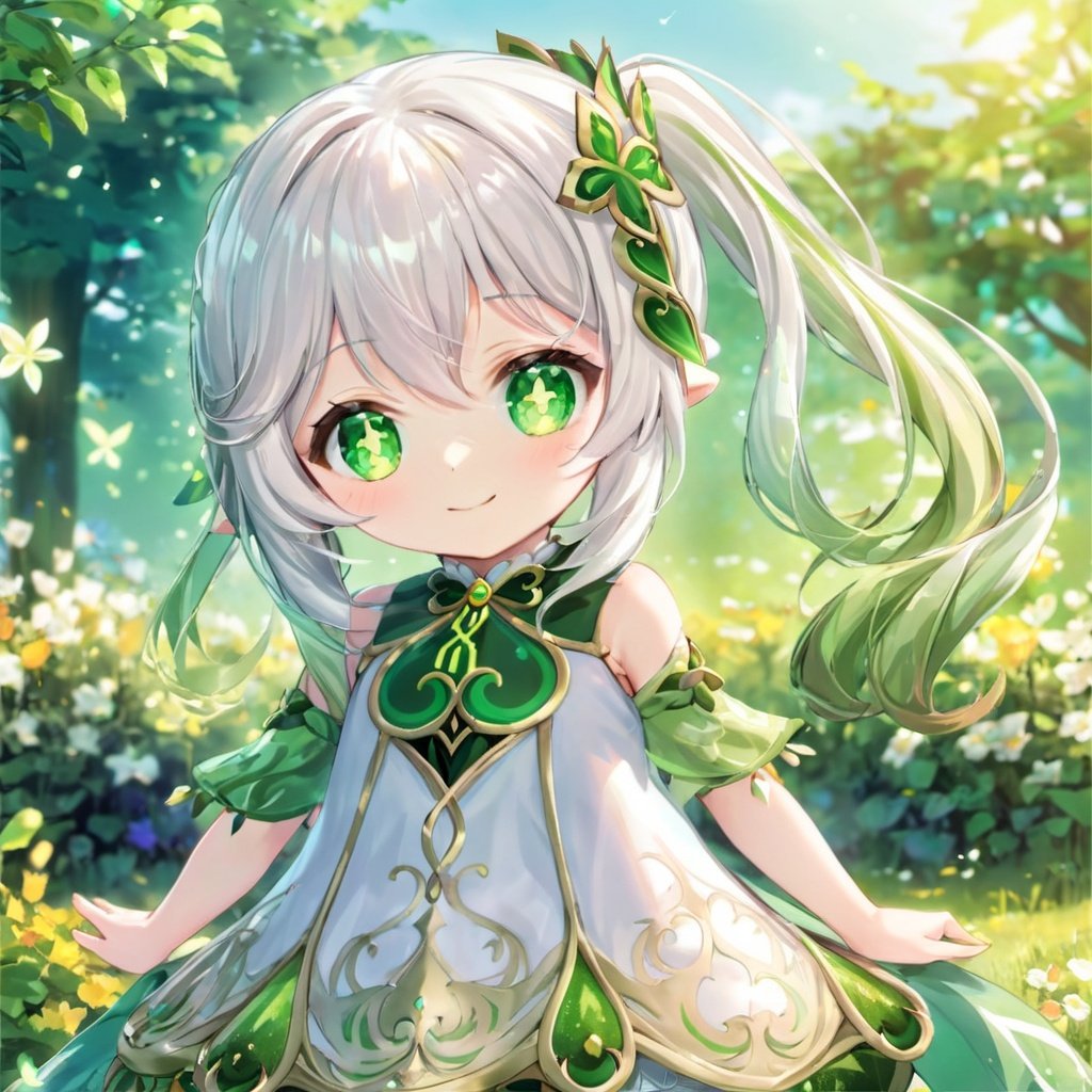 (\na xi tan\),1girl, solo, dress, smile, looking at viewer, gradient hair, white dress, cross-shaped pupils, long hair, outdoors, white hair, green hair, 