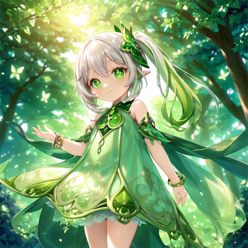 (\na xi tan\),1girl, solo, dress, smile, looking at viewer, gradient hair, white dress, cross-shaped pupils, long hair, outdoors, white hair, green hair, tree, bracelet, jewelry, nature, closed mouth, green cape, sleeveless, detached sleeves, sleeveless dress, leaf hair ornament, bare shoulders, cape, sidelocks, forest, hand up, standing, white bloomers