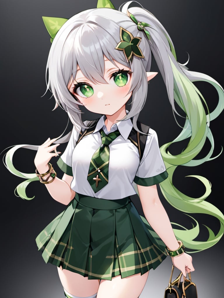 masterpiece, best quality, 1girl, green eyes, pointy ears, school uniform, side ponytail, alternate costume, solo, skirt, bag, necktie, multicolored hair, hair ornament, looking at viewer, blush, plaid skirt, school bag, plaid, symbol-shaped pupils, white hair, short sleeves, green hair, bracelet, shirt, gradient hair, long hair, charm (object), bag charm, cross-shaped pupils, bangs, contemporary, braid, hair between eyes, grey hair, sidelocks, jewelry, pleated skirt, green skirt, white shirt, green necktie, collared shirt, 