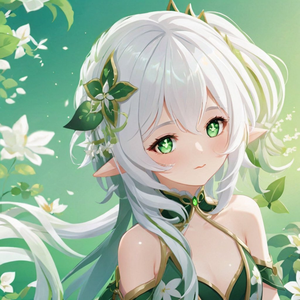 1girl, high and light, grainy, indifferent, hazy, floral, hazy, gentle, erotic,trendy,best quality,(\na xi tan\),white hair, green hair, (realistic:1.5),