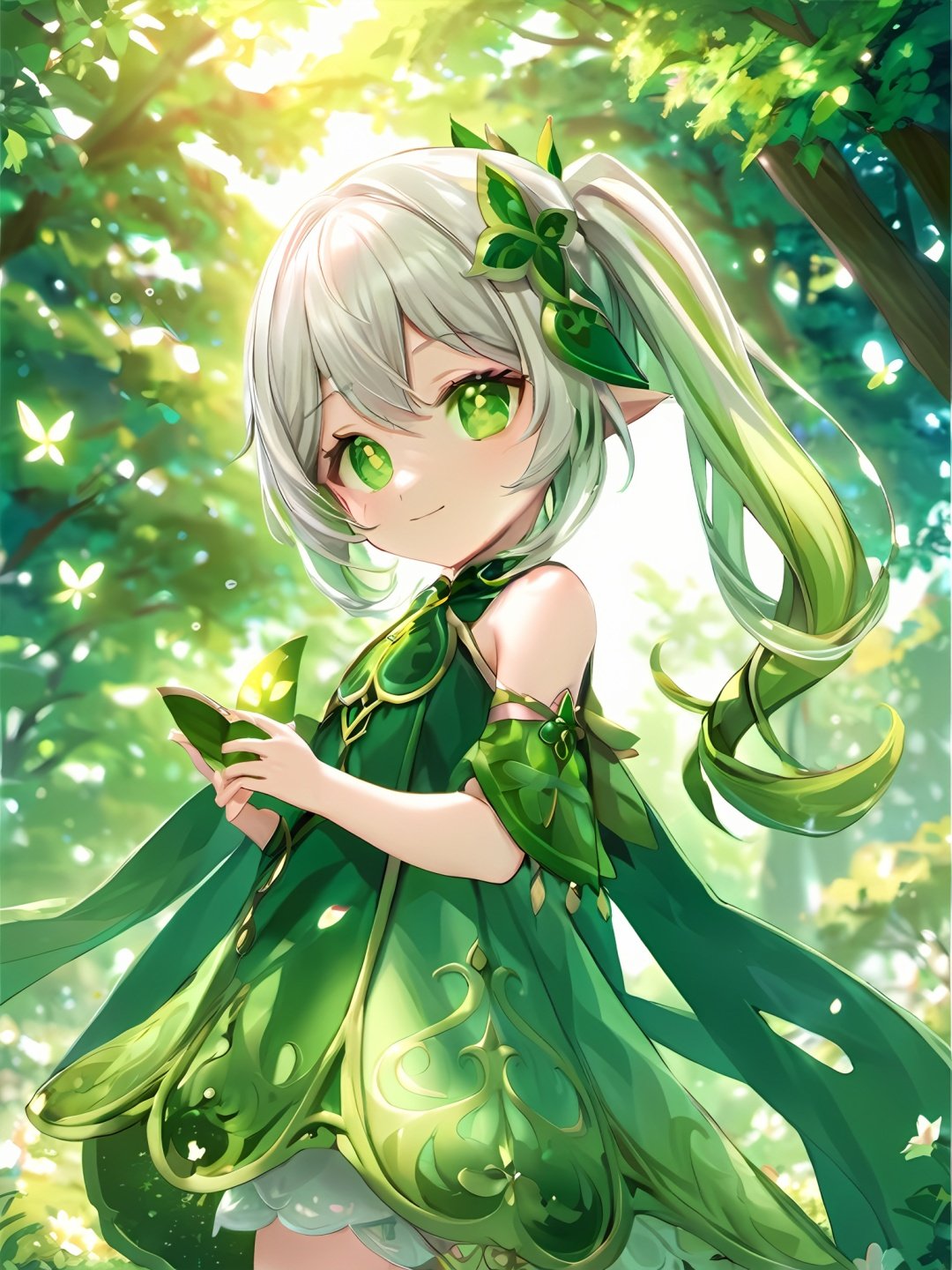 (\na xi tan\),1girl, solo, dress, smile, looking at viewer, gradient hair, white dress, cross-shaped pupils, long hair, outdoors, white hair, green hair, tree, bracelet, jewelry, nature, closed mouth, green cape, sleeveless, detached sleeves, sleeveless dress, leaf hair ornament, bare shoulders, cape, sidelocks, forest, hand up, standing, white bloomers