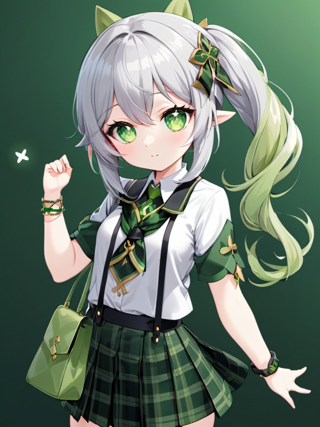 masterpiece, best quality, 1girl, green eyes, pointy ears, school uniform, side ponytail, alternate costume, solo, skirt, bag, necktie, multicolored hair, hair ornament, looking at viewer, blush, plaid skirt, school bag, plaid, symbol-shaped pupils, white hair, short sleeves, green hair, bracelet, shirt, gradient hair, long hair, charm (object), bag charm, cross-shaped pupils, bangs, contemporary, braid, hair between eyes, grey hair, sidelocks, jewelry, pleated skirt, green skirt, white shirt, green necktie, collared shirt, 